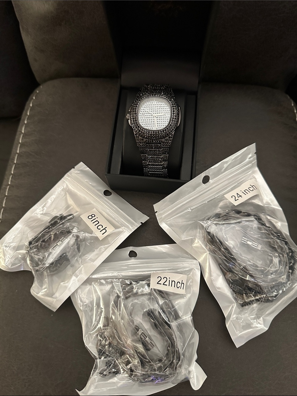 iced out black watch 2 Cuban necklace/bracelet set